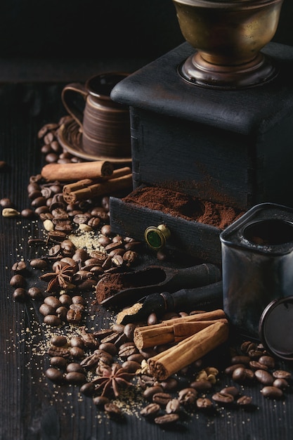 Black coffee beans with spices