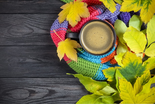 Black coffee in a black mug wrapped in a warm, colored, knitted scarf, and autumn leaves