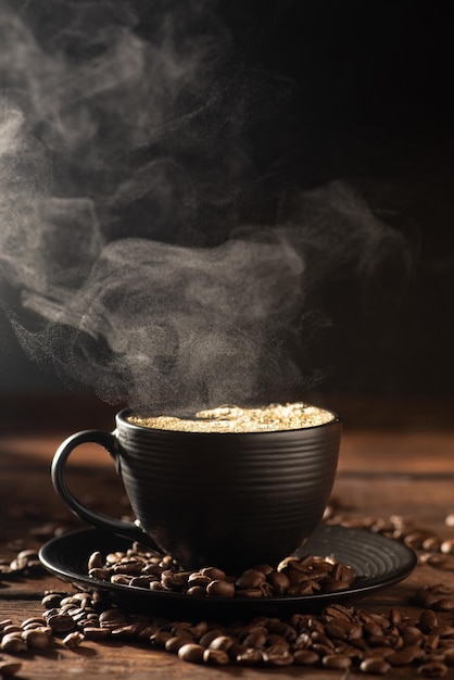 Black coffee cup with hot coffee and smoke over rustic wood dark food style photo selective focus