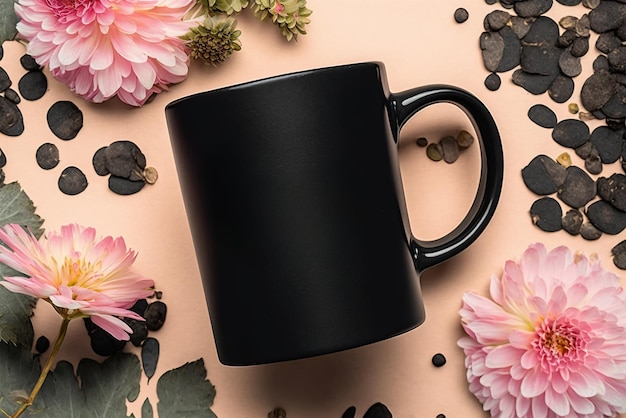 A black coffee mug sits on a pink background with flowers and a pink flower.