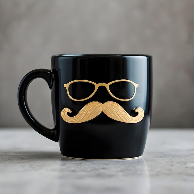 a black coffee mug with a mustache and glasses on it