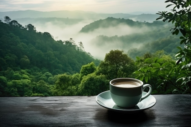 Photo black coffee in white cup on saucer outdoors with a serene mountain view nature backdrop perfect for a peaceful morning tea or coffee