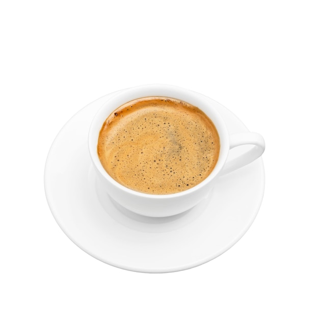 Black coffee with foam in a white cup on plate isolated at white background