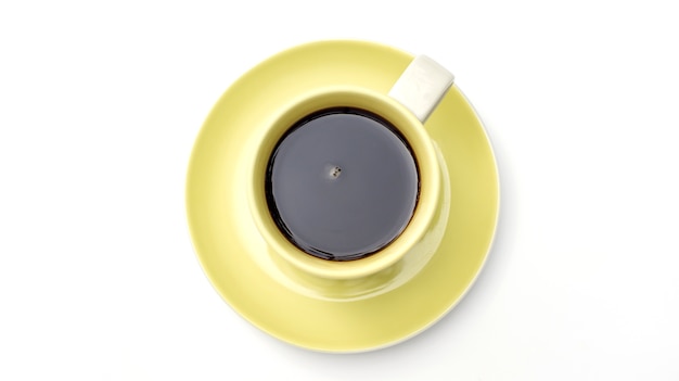 Black coffee in a yellow and white cup on white background.