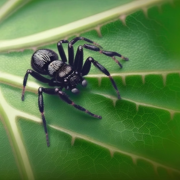 Black color cute spider on top of a leaf