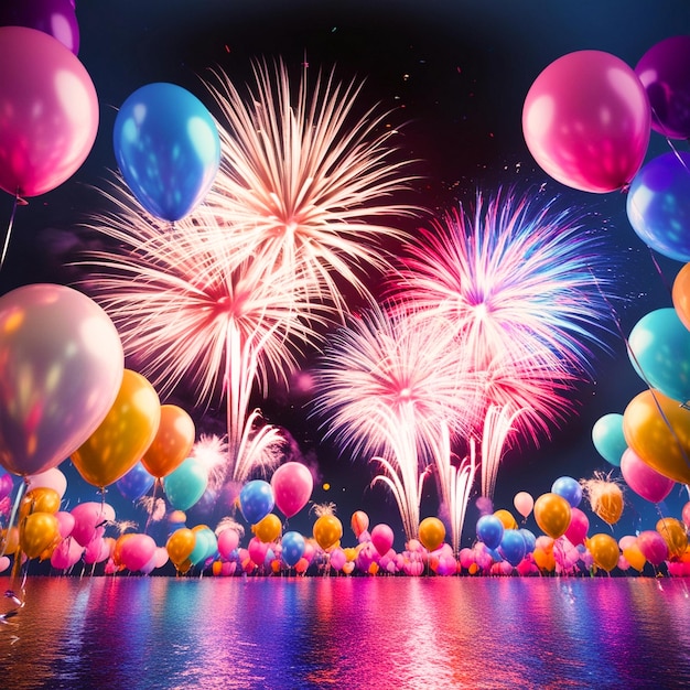 black Colorful new year fireworks with ballon wallpaper or backgroundsame copy space