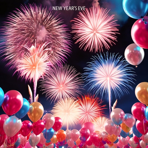 black Colorful new year fireworks with ballon wallpaper or backgroundsame copy space