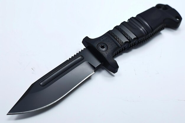 Photo black combat knife isolated on white background flat lay photo shoot of black tactical bowie hun