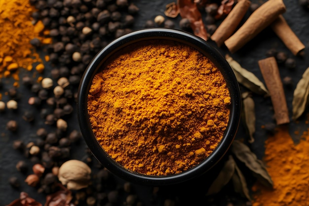 a black container of orange spice with a black lid that says  turmeric