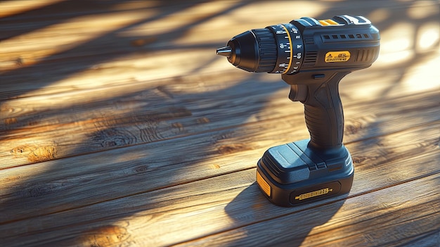 Photo black cordless drill on a wooden surface