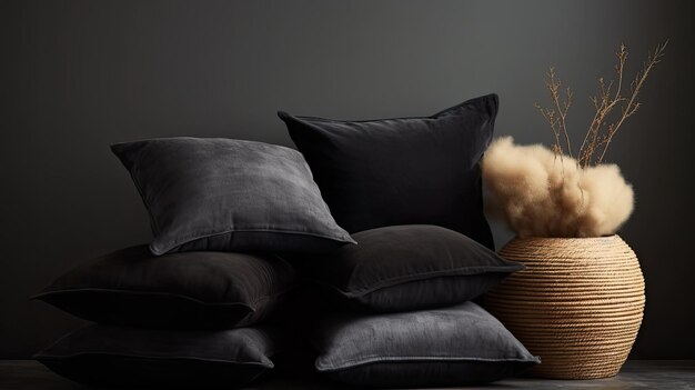 black corduroy cushions the texture and details of the corduroy material to convey a realistic and cozy atmosphere