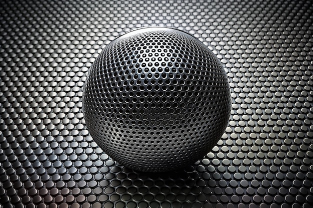 Photo black corrugated metal mesh speaker membrane cover spherical 3d shape background or backdrop texture