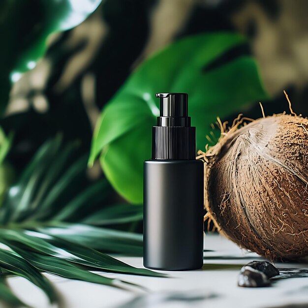 Photo black cosmetic bottle with coconut and palm leaves on white background