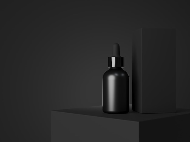 Photo black cosmetic dropper bottle and box mockup facial serum packaging and branding visualization care product template