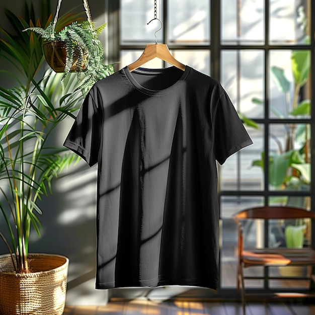 Black Cotton Tshirt Textile Hanging Center White Empty Background Mockup Highly Detailed Texture