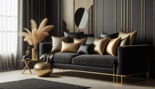 a black couch with gold pillows and a mirror on it