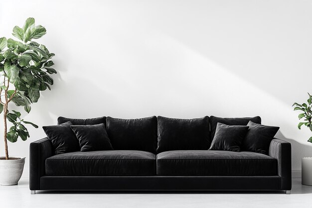 Photo a black couch with a plant on the wall behind it