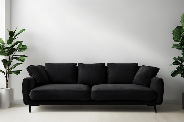 Photo a black couch with a white wall behind it