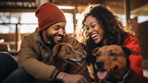 Black couple bonding with dogs at animal shelter