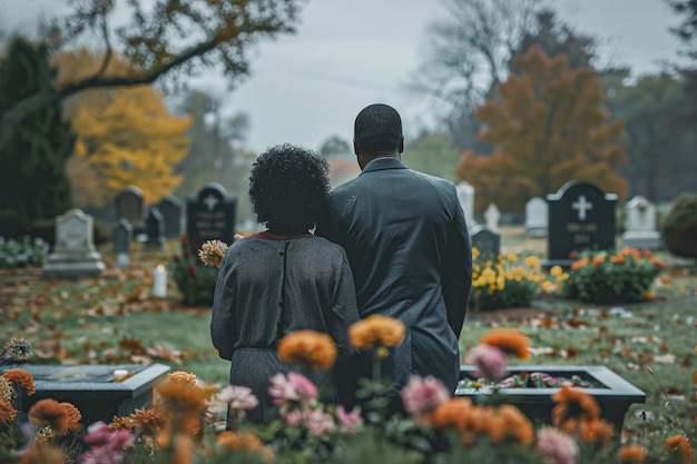 A black couple in a cemetery offering comfort to each other as they stand beside a childs grave