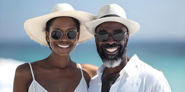 Black couple joyfully enjoying vacation with carefree and playful attitude Concept Vacation couples joy carefree playful attitude