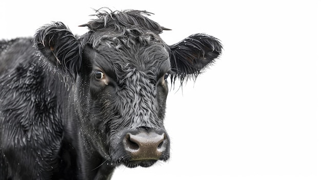 Black Cow on White Background Closeup of Belted Galloway Cattle after Rain