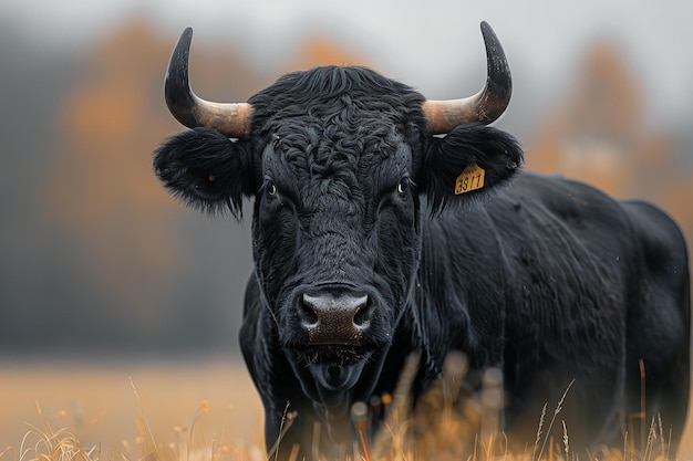 a black cow with a tag in its ear is standing in a field