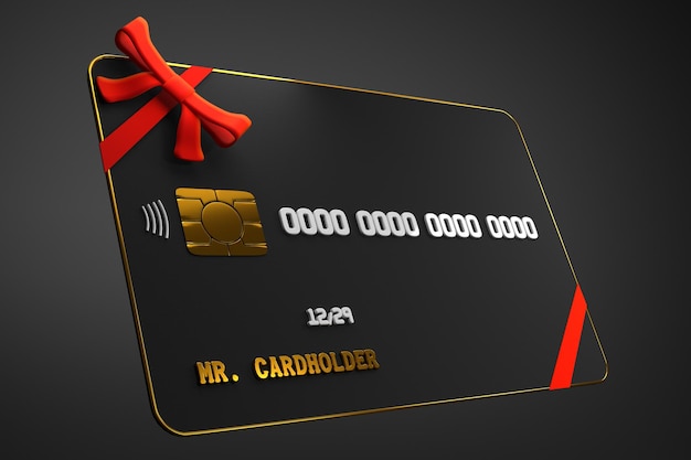 black credit bank card with red ribbon. premium, luxury, platinum vip gift concept. 3d render