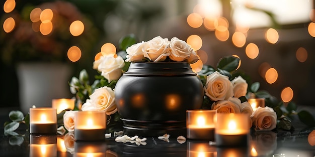 Black cremation urn with white roses and burning candles for a memorial Concept Memorial Decor Cremation Urn White Roses Burning Candles