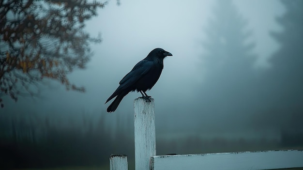 Photo a black crow perched on a white fence post surrounded by fog