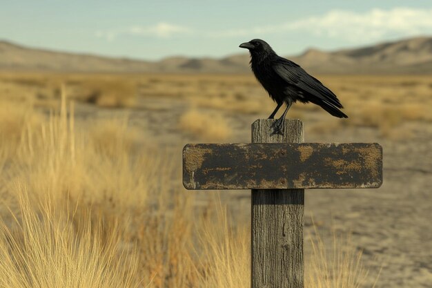 Photo a black crow sits on a wooden sign in a field