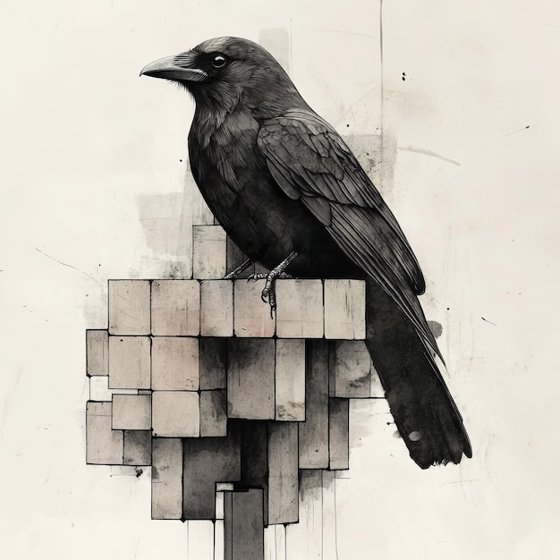 Photo black crow sitting on a brick wall monochrome illustration digital painting