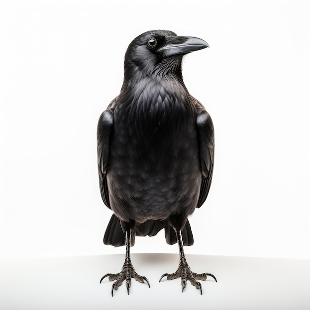 Black crow standing and looking to right isolated on white background