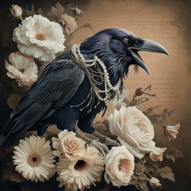 a black crow with a chain around its neck is standing on a bunch of flowers