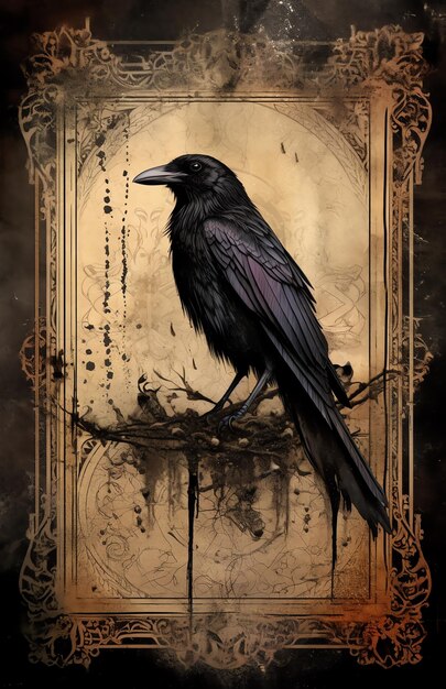 a black crow with a gold background with a picture of a crow on it