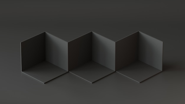 Black cube boxes backdrop display on black background. 3D rendering.