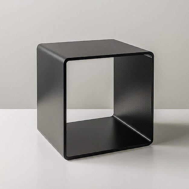 Photo a black cube with a square shape on it sits on a white table