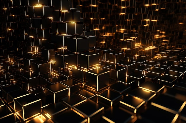 A black cubes with gold lights in the background