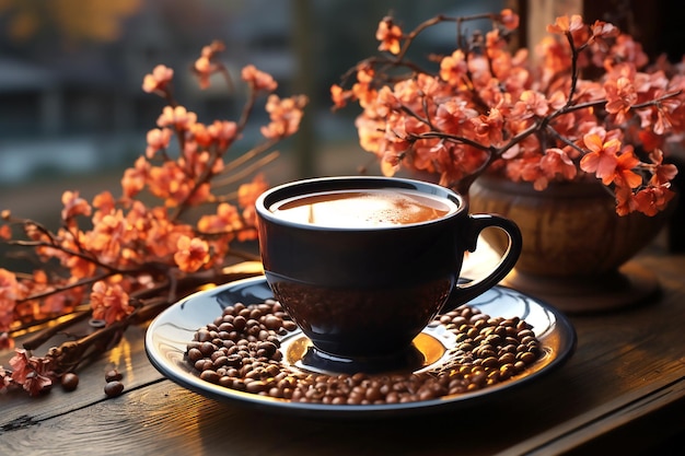 Black cup of coffee and flowers autumn composition in daylight copy space for text Generative AI