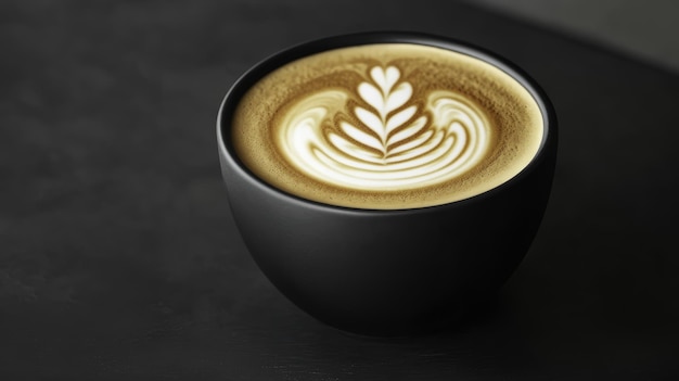 Photo black cup of latte art coffee closeup