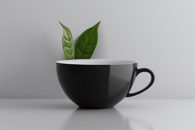 a black cup with a green plant on it