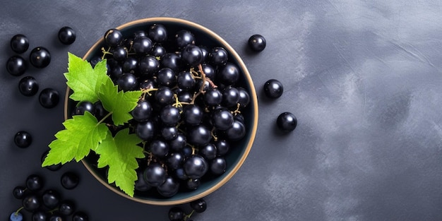 Black currant fruit on bowl and dark table copy space background Generative AI