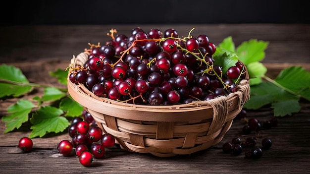 Black currants in a basket on a wooden table