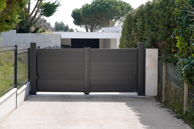 Black dark home door aluminum gate slats portal garden of suburb house