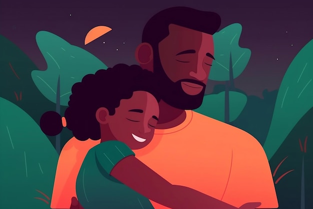 A black dark skinned father hugging his child Father's Day graphic illustration Generative Ai