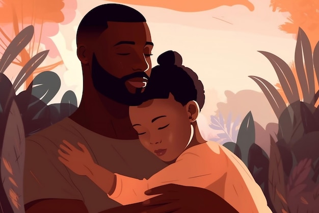 A black dark skinned father hugging his child Father's Day graphic illustration Generative Ai