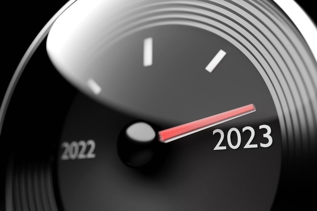 Black dashboard speedometer showing the year 20222023 3D illustration