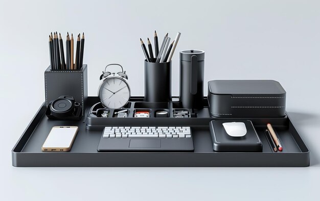 Photo black desk organizer tray with pens keyboard and clock