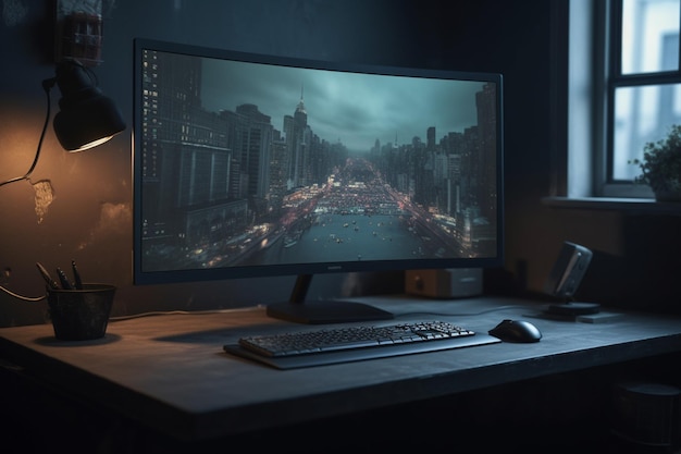 A black desk with a monitor that says'the word city'on it