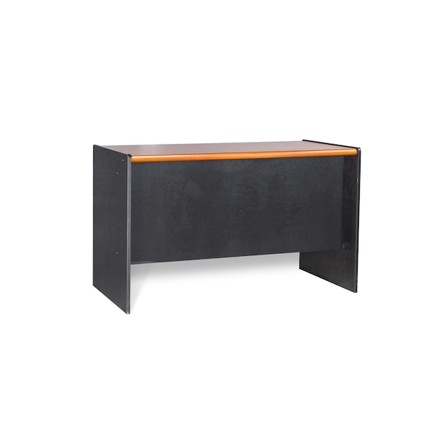 A black desk with a wooden top